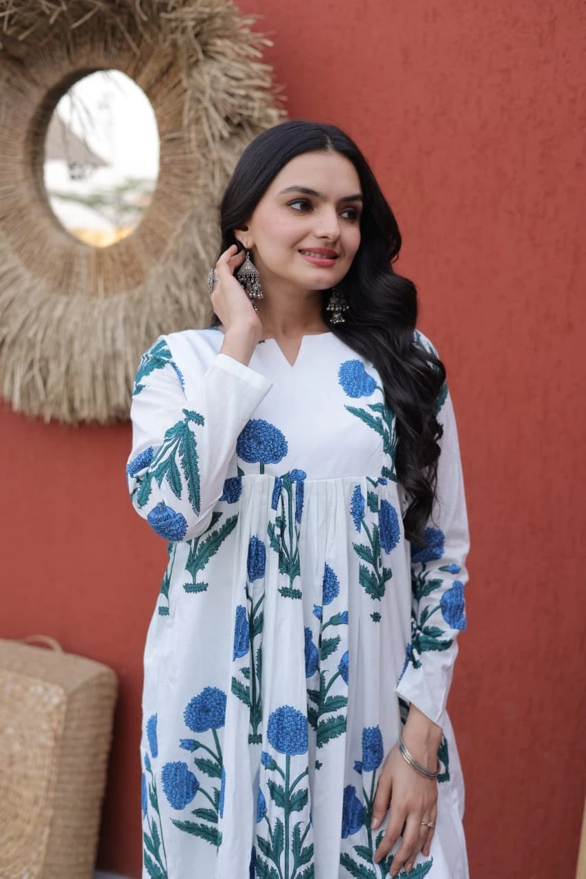 Off-White and Blue Floral Printed Kurti Pant Set.